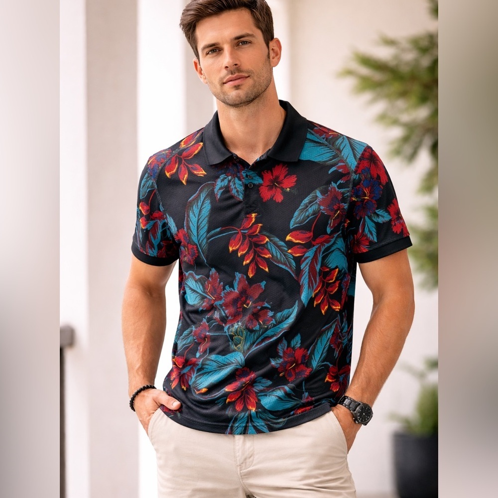 Bonobos Golf Polo with Red and Blue Floral Design M Flex size med slim fit